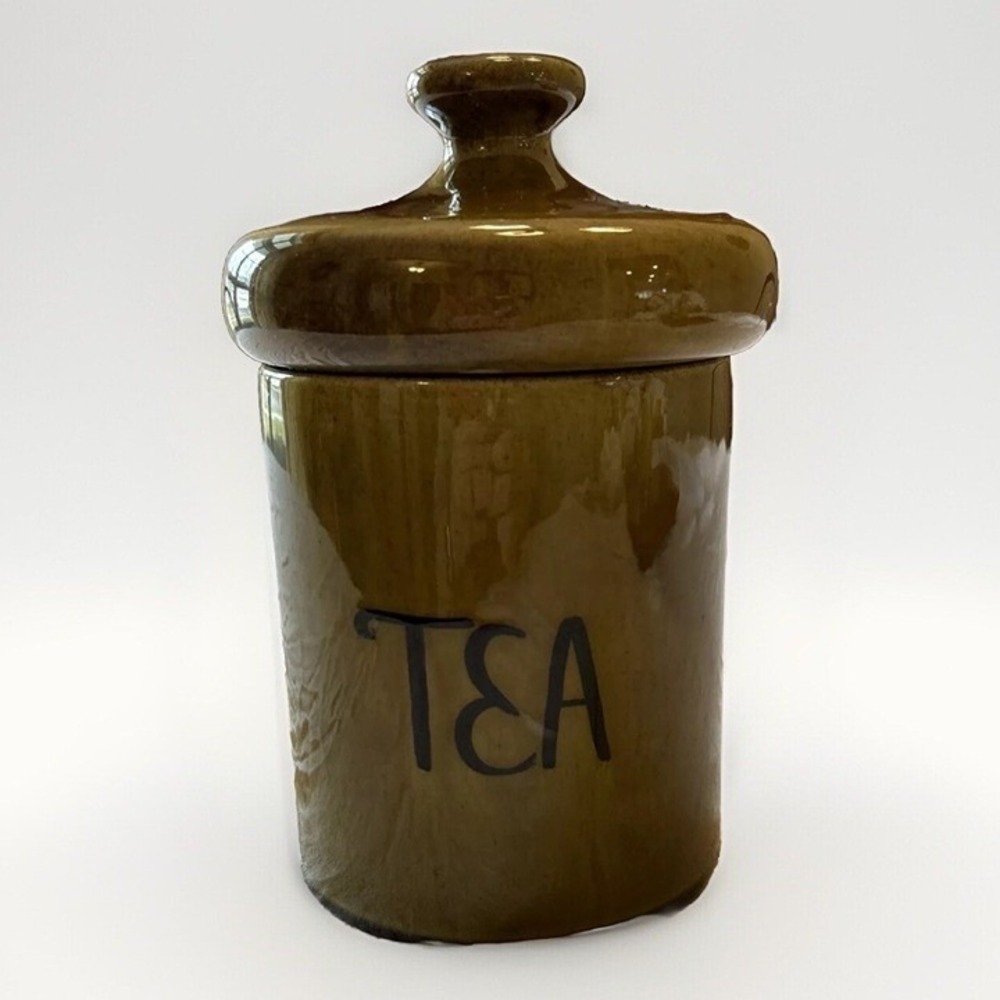 Vtg Ceramic Tea Canister Jar Lid Olive Green Holiday Designs H4019 USA